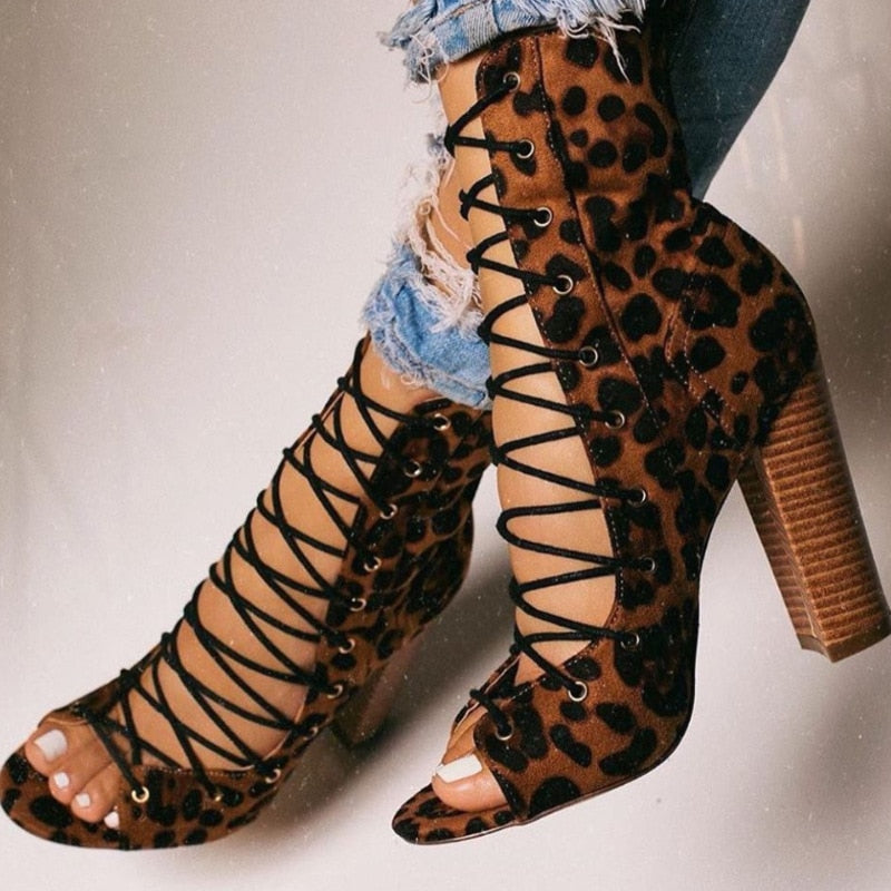 leopard Lace Up Square heels