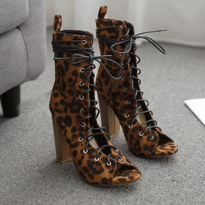 leopard Lace Up Square heels