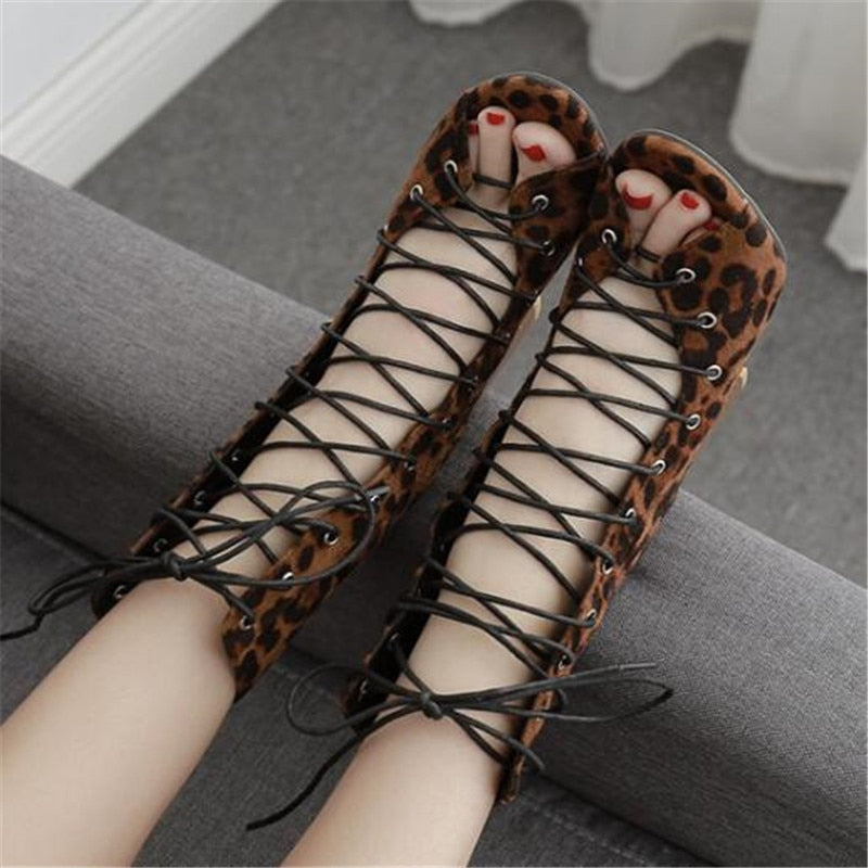 leopard Lace Up Square heels