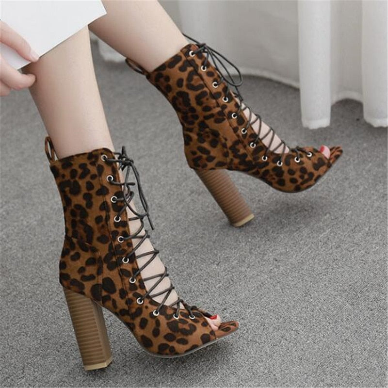 leopard Lace Up Square heels
