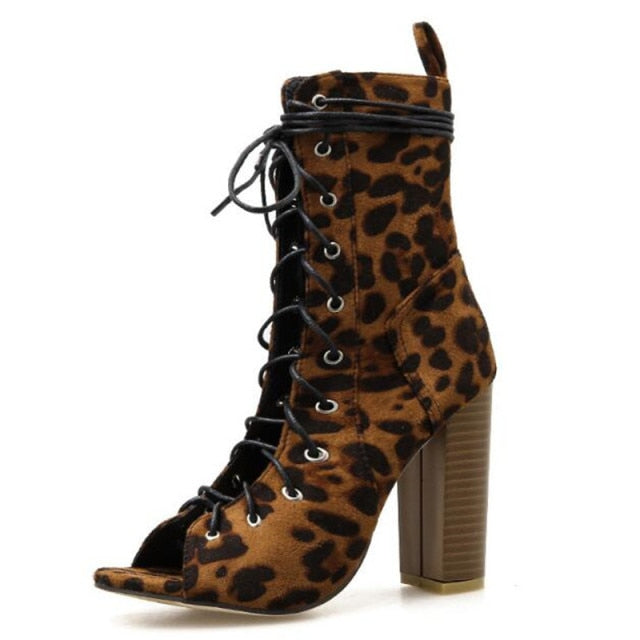 leopard Lace Up Square heels