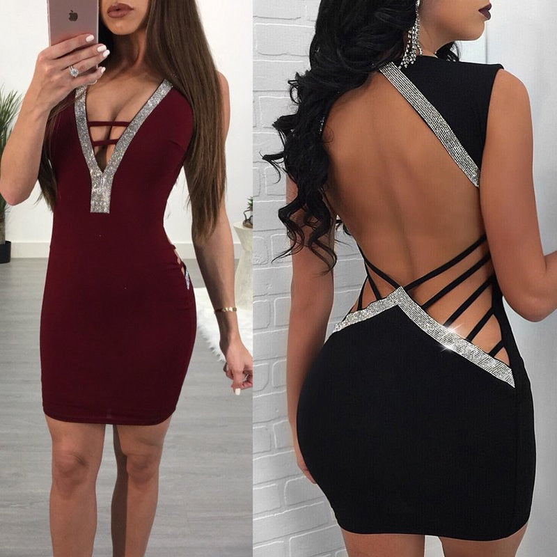 Elegant Sexy Deep V- Neck Sequin Bandage Dress