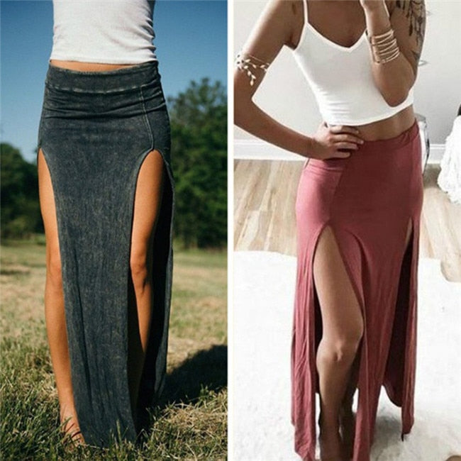 Open Side Split High Waist Long Maxi Skirt