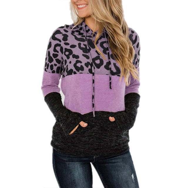 Small-3XL Leopard Splicing Tops For Women Oversized Long Sleeve Hooded Shirt - Fashion Damsel