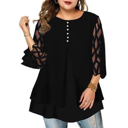 L-6XL Plus Size O Neck 3/4 Sleeve Loose Mesh Top