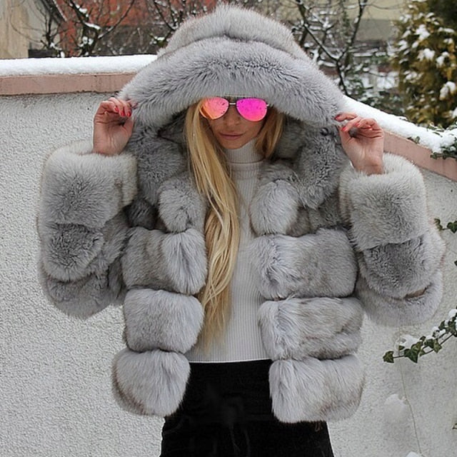 Luxury Faux Fur Winter Jacket with Fur Hood - Fashion Damsel