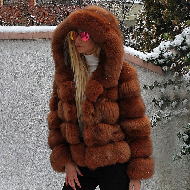 Luxury Faux Fur Winter Jacket with Fur Hood - Fashion Damsel