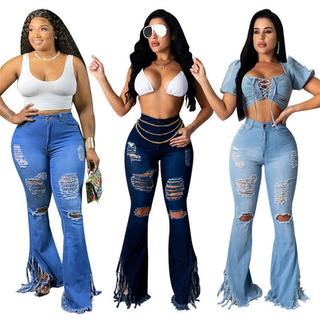 Bell Bottom Ripped Hole Classic High Waist Flare Denim