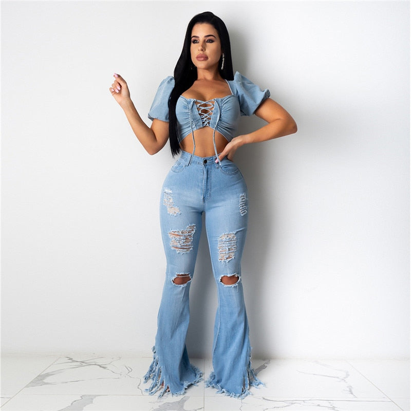 Bell Bottom Ripped Hole Classic High Waist Flare Denim