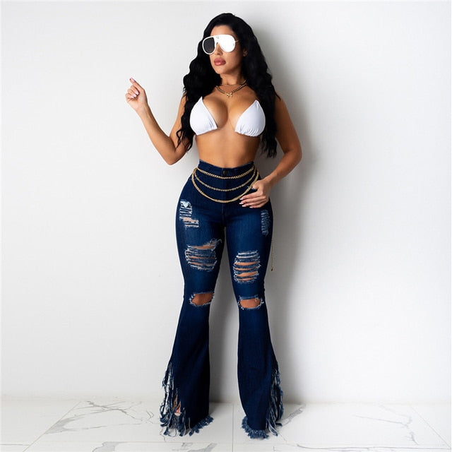 Bell Bottom Ripped Hole Classic High Waist Flare Denim