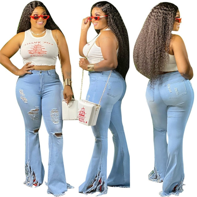 Bell Bottom Ripped Hole Classic High Waist Flare Denim