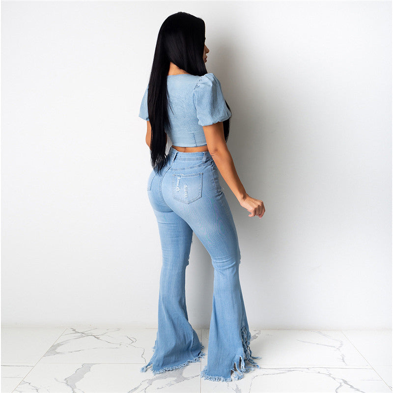 Bell Bottom Ripped Hole Classic High Waist Flare Denim