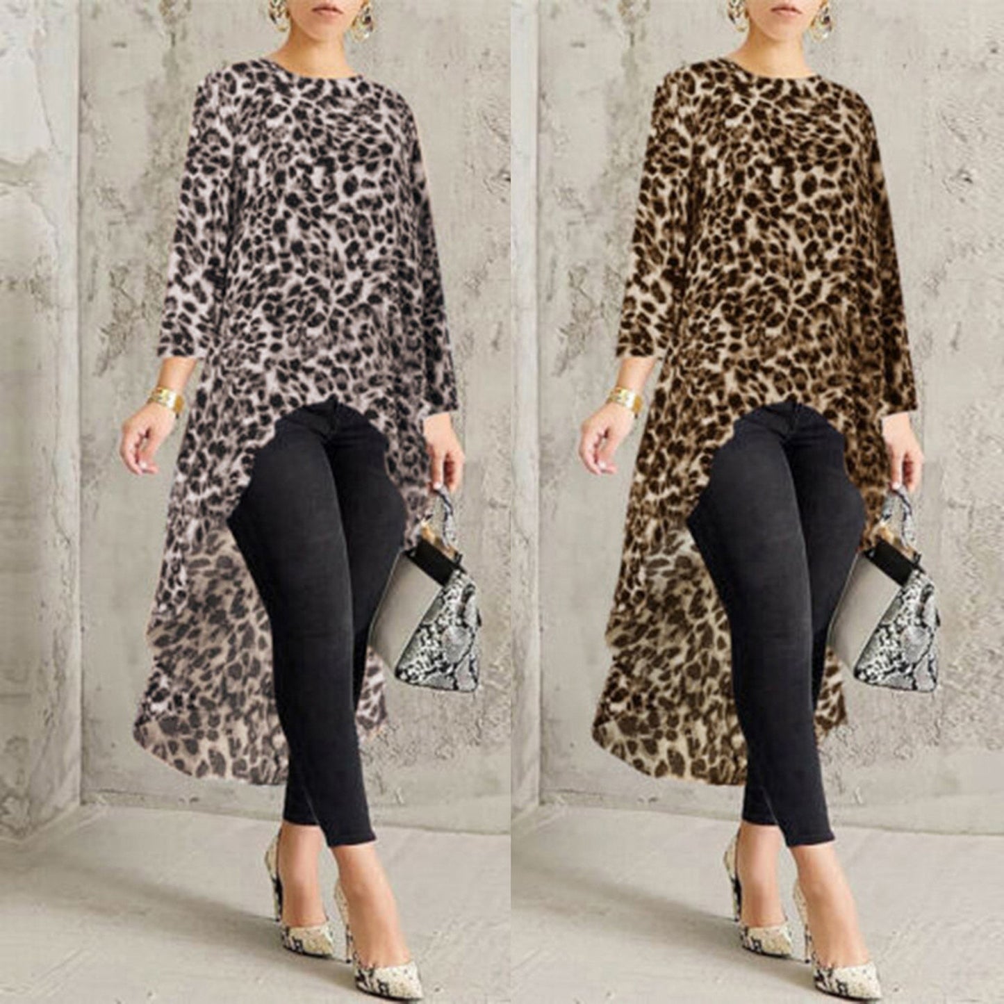 Plus Size High Low Leopard Blouse Loose Top Pullover - Fashion Damsel