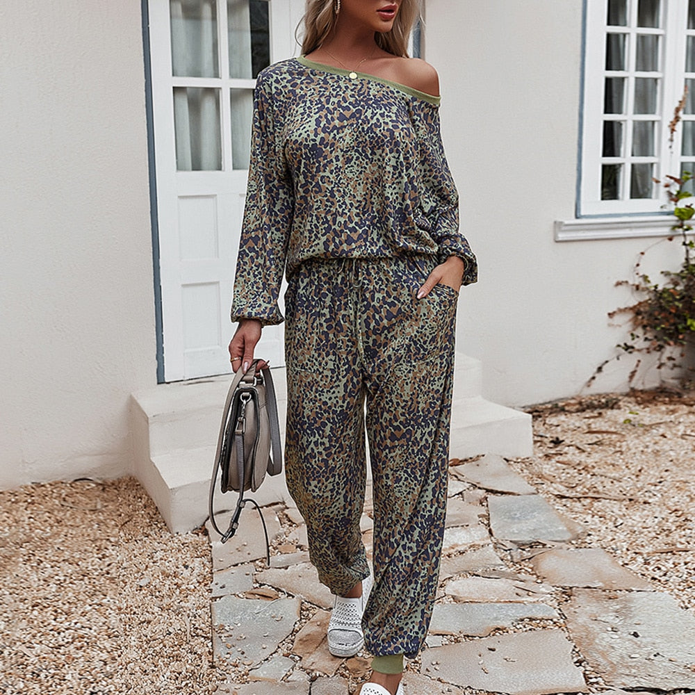 Women Leopard Print 2-Piece Tracksuit Set - Fashion Damsel