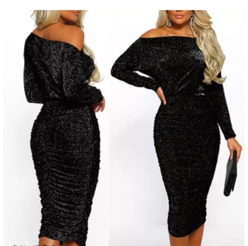 Off-The-Shoulder Slash Neck Glitter Dress - Fashion Damsel