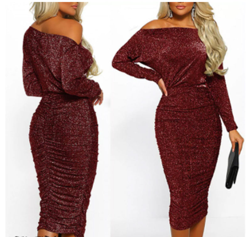 Off-The-Shoulder Slash Neck Glitter Dress - Fashion Damsel