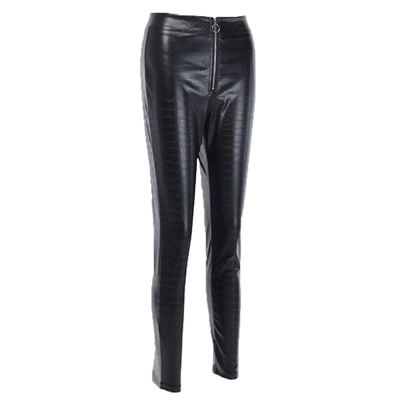 Leather Pencil Pants With High Waist Zipper Fly Crocodile Pattern - Fashion Damsel