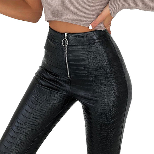 Leather Pencil Pants With High Waist Zipper Fly Crocodile Pattern - Fashion Damsel