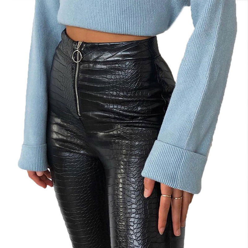 Leather Pencil Pants With High Waist Zipper Fly Crocodile Pattern - Fashion Damsel