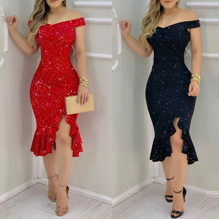 Sexy Off Shoulder Starry Sky Print Ruffle Dress - Fashion Damsel