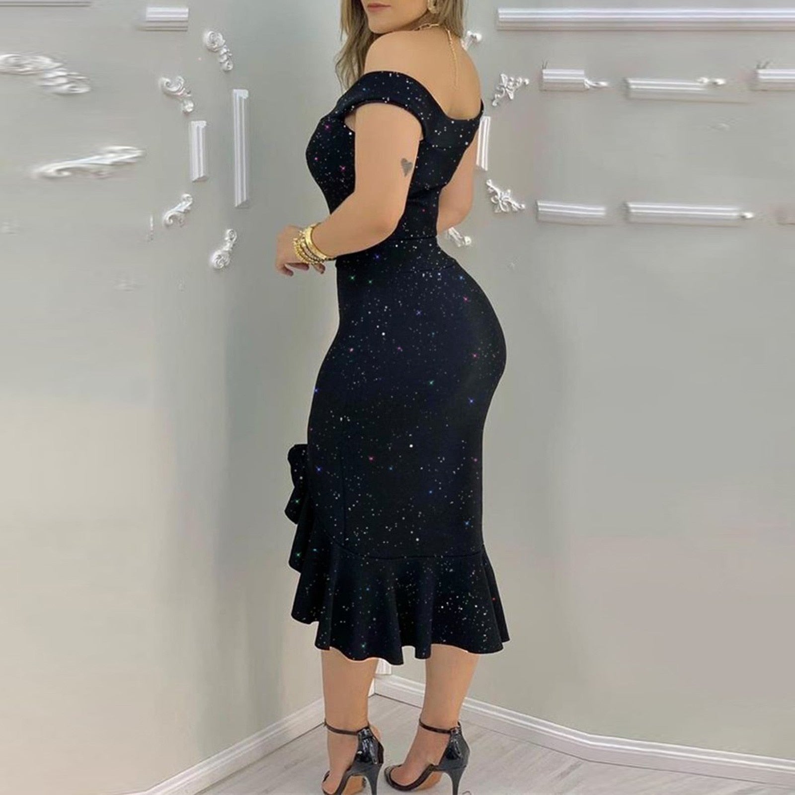 Sexy Off Shoulder Starry Sky Print Ruffle Dress - Fashion Damsel