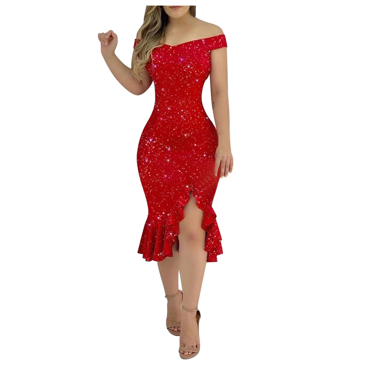 Sexy Off Shoulder Starry Sky Print Ruffle Dress - Fashion Damsel