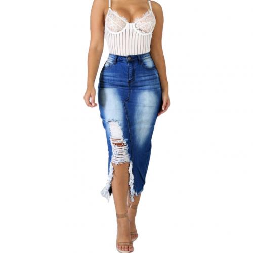 HOT SALE! High Waist Ripped Split Denim Long Skirt - Fashion Damsel