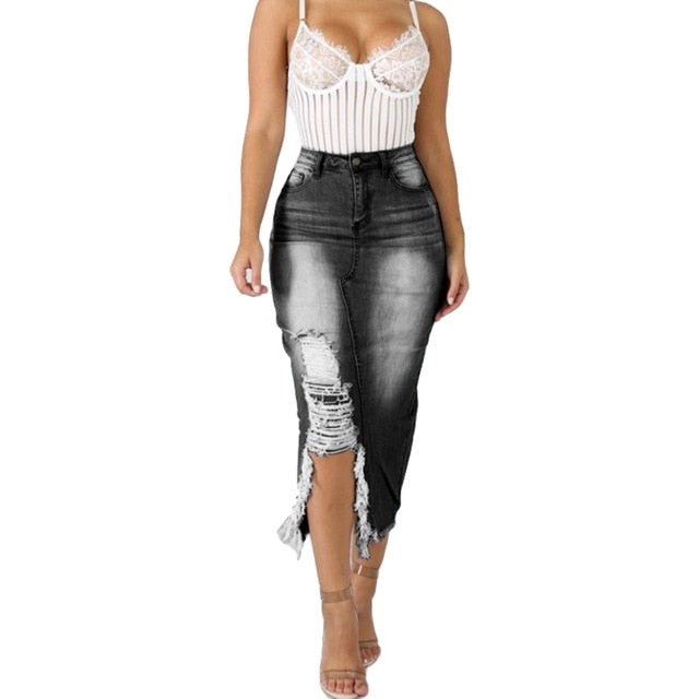 HOT SALE! High Waist Ripped Split Denim Long Skirt - Fashion Damsel