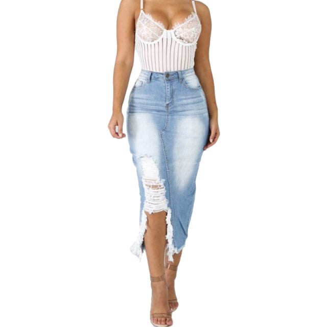 HOT SALE! High Waist Ripped Split Denim Long Skirt - Fashion Damsel