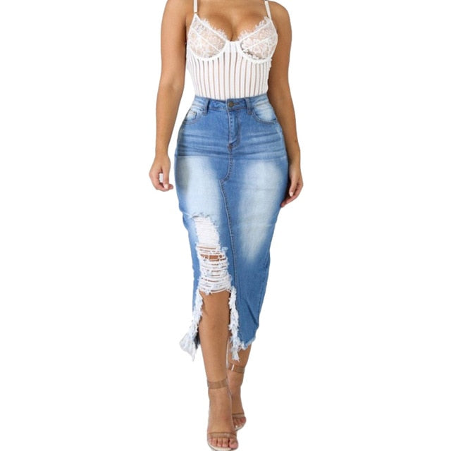 HOT SALE! High Waist Ripped Split Denim Long Skirt - Fashion Damsel