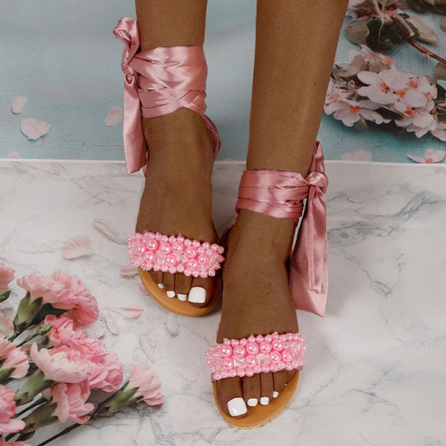 Pear Ankle Strap Beaded Sandals - Fashion Damsel