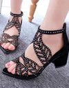 Faux Leather Rhinestones Thick Heel Zipper Sandals - Fashion Damsel