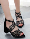 Faux Leather Rhinestones Thick Heel Zipper Sandals - Fashion Damsel