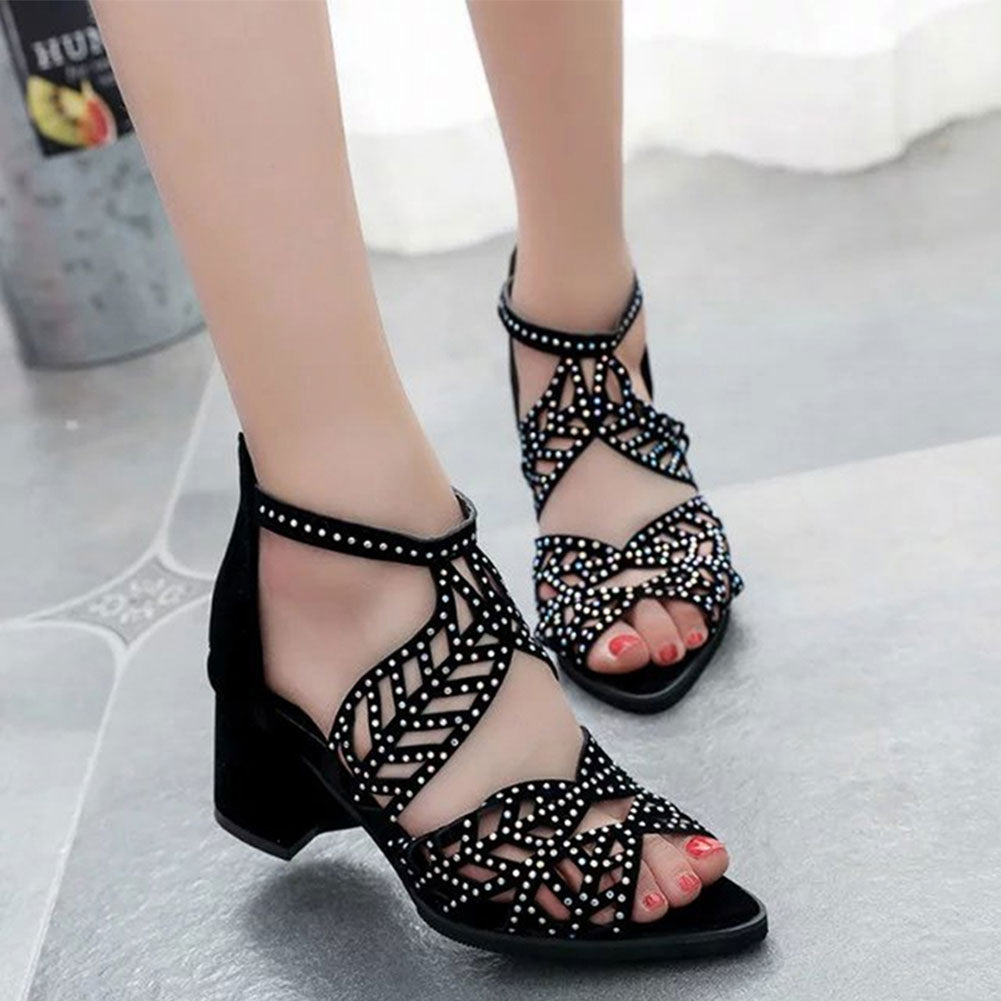 Faux Leather Rhinestones Thick Heel Zipper Sandals - Fashion Damsel