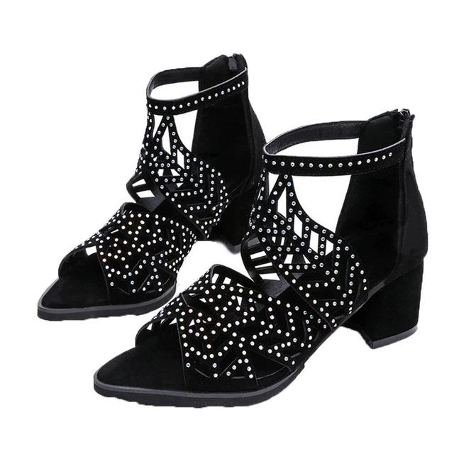 Faux Leather Rhinestones Thick Heel Zipper Sandals - Fashion Damsel