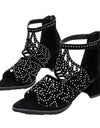 Faux Leather Rhinestones Thick Heel Zipper Sandals - Fashion Damsel