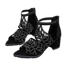 Load image into Gallery viewer, Faux Leather Rhinestones Thick Heel Zipper Sandals - Fashion Damsel
