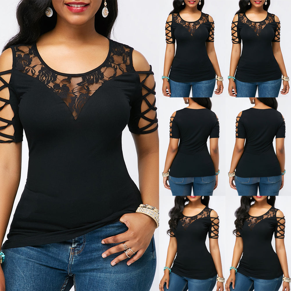Cold Shoulder Round Neck Floral Lace T-Shirt