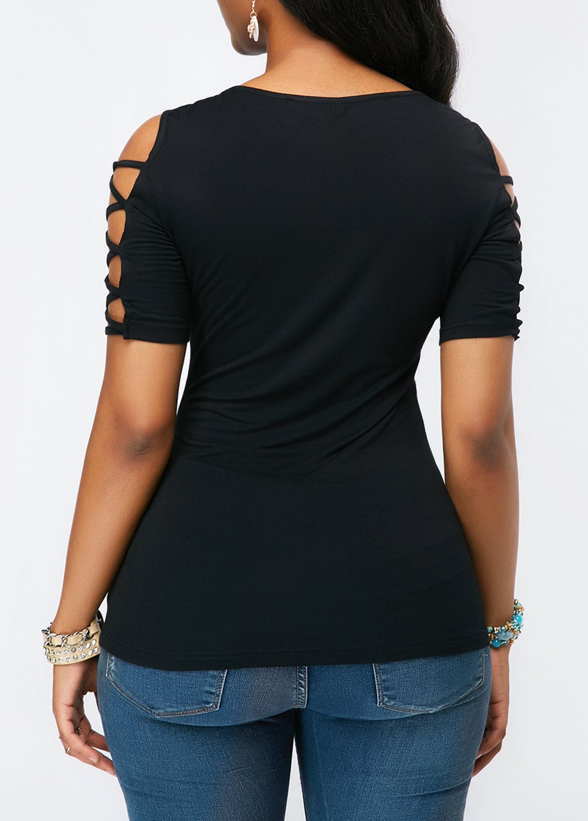 Cold Shoulder Round Neck Floral Lace T-Shirt