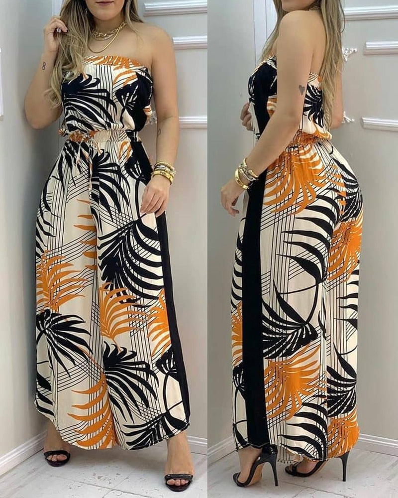 Tropical Print Wide Leg  Sleeveless Rompers