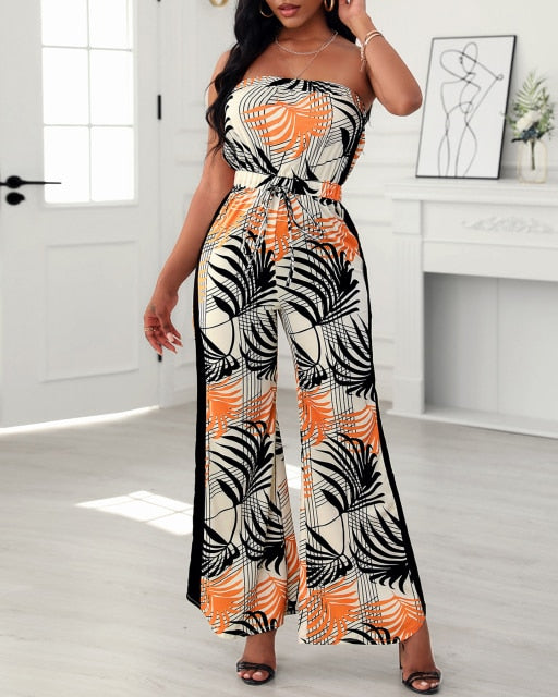 Tropical Print Wide Leg  Sleeveless Rompers