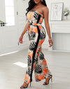 Tropical Print Wide Leg  Sleeveless Rompers
