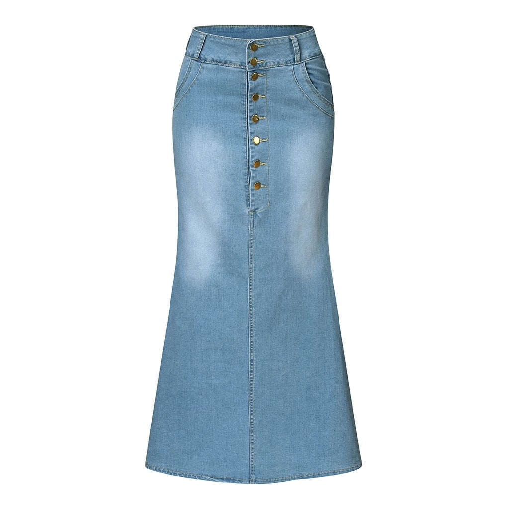 Casual Front Button Washed Denim Long Skirt - Fashion Damsel