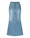 Casual Front Button Washed Denim Long Skirt - Fashion Damsel