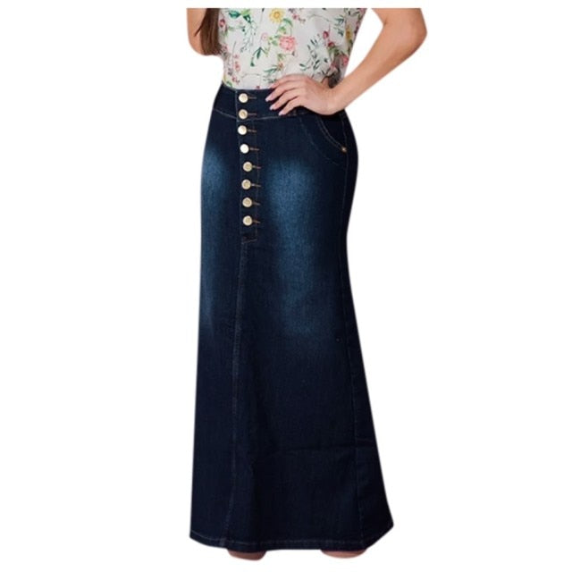 Casual Front Button Washed Denim Long Skirt - Fashion Damsel