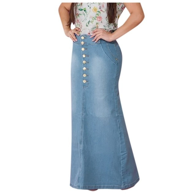 Casual Front Button Washed Denim Long Skirt - Fashion Damsel