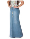 Casual Front Button Washed Denim Long Skirt - Fashion Damsel