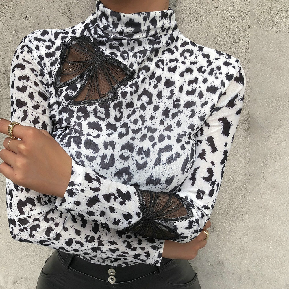 Long Sleeve Leopard Print Turtleneck Blouse - Fashion Damsel