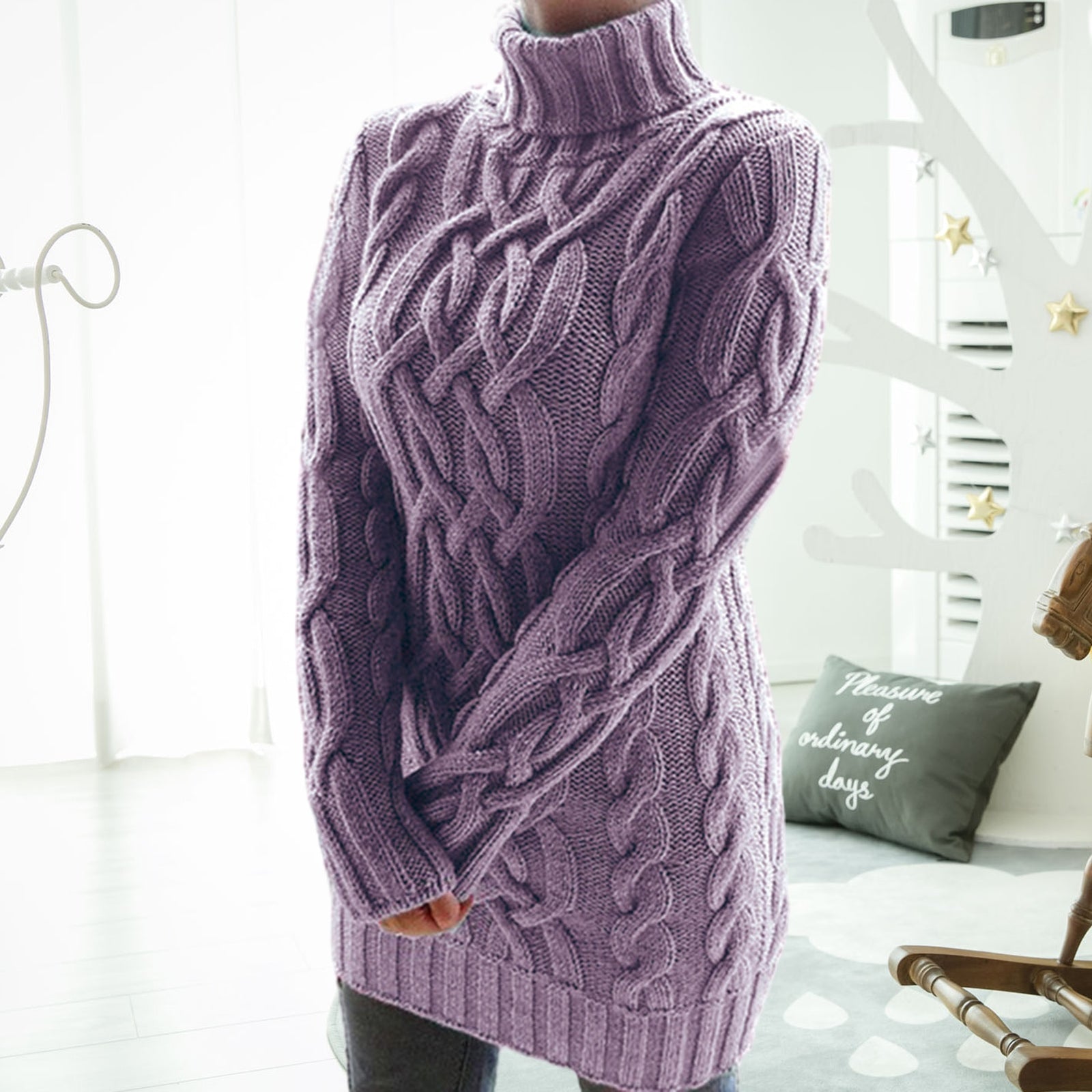 Twist Knitted Long Sleeve Warm Sweater Turtleneck Pullover