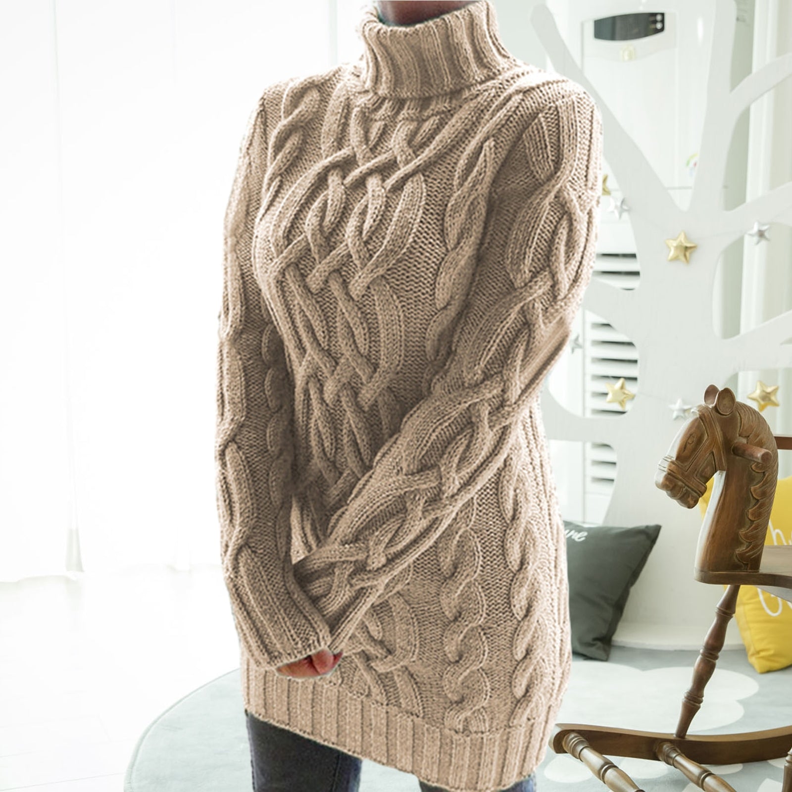 Twist Knitted Long Sleeve Warm Sweater Turtleneck Pullover